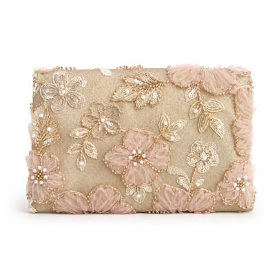 Tidet Ever Champagne Floral Pearl Embroidered Clutch Bag With Chain Strap, Mesh Evening Bag For Women, Elegant Purse For Prom, Bridesmaid And Wedding Guest
