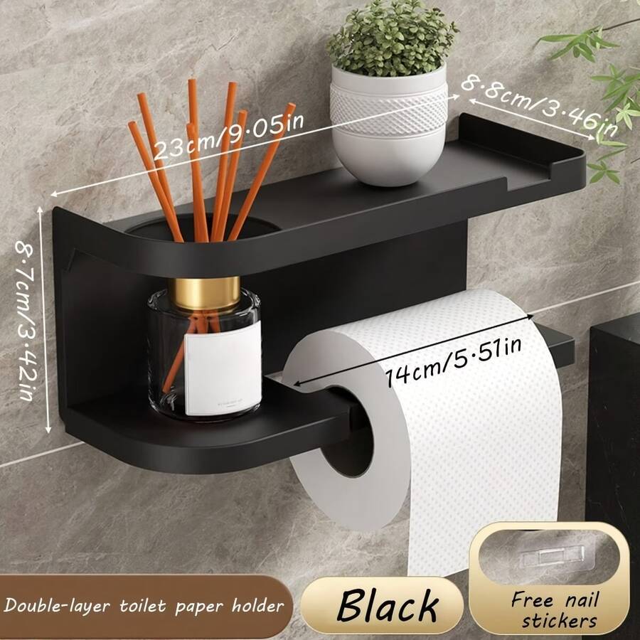 1pc - No-Drill Wall-Mounted Paper Towel Holder With Storage Shelf - Adhesive Backing, Suitable For Kitchen, Space-Saving Plastic Storage Rack And Paper Towel Holder, (Can Hold Phone, Plants, Aromatherapy, Etc.) Can Be Placed On Countertop And Cabinet, Suitable For Office - No-Drill Installation