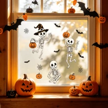 1/3/5pcs Cute Dancing Skeleton Static Window Clings, Pumpkin Bat Spider Web Halloween Window Decals, Reusable Non-Adhesive Glass Stickers For Home Halloween Party Decor Gift - Multicolor - View 2