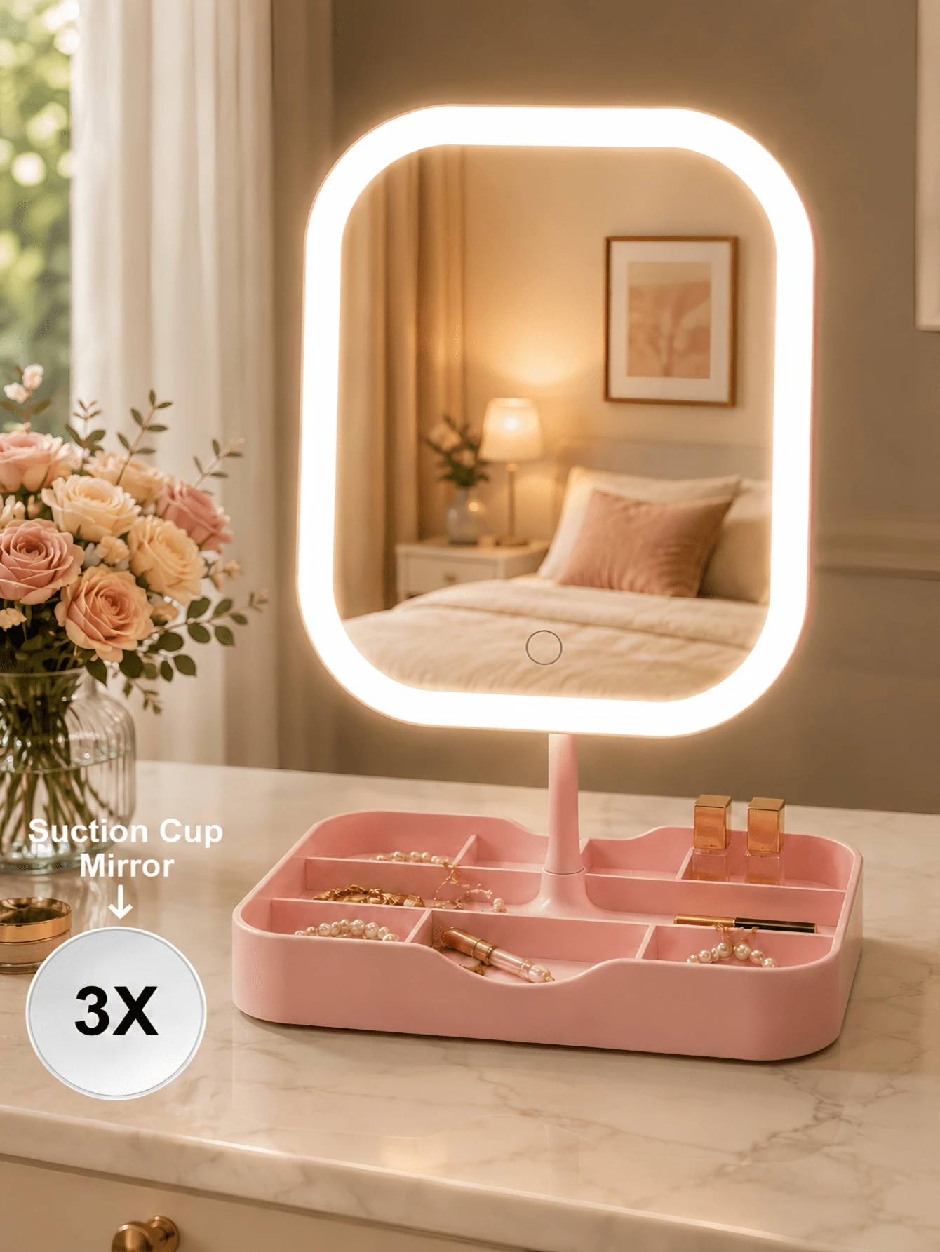 LED Makeup Mirror With Light, 3X Magnifying Suction Cup Mirror, 3 Color Lights, Dimmable Touch Control, USB Rechargeable Vanity Mirror With Storage Base, 360° Rotating, Suitable For Bedroom, Dorm And Travel, Ideal Holiday Gift