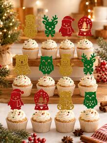 12pcs/24pcs Christmas Cake Toppers, Gold Glitter Cupcake Picks With Wooden Toothpicks And Glue Dots, Christmas Holiday Party Baking Decoration - Style a - View 4
