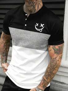 Men's Summer Casual Comfortable Colorblock Striped Smiling Face Print Button Short Sleeve T-Shirt - Multicolor - View 4