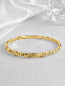 1pc Gold-Tone Textured Rhinestone Bangle Bracelet, Sophisticated Decorative Closed Cuff For Women - Bracelet - View 3