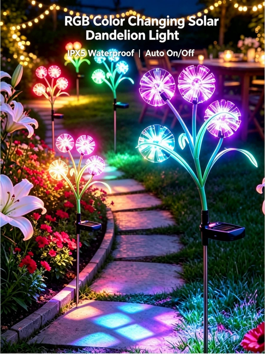 1件裝太陽能蒲公英LED花園插地燈，暖白/冷白/RGB變色，IPX5防水太陽能景觀燈，光感自動開關，戶外庭院草坪露台小徑節日裝飾燈