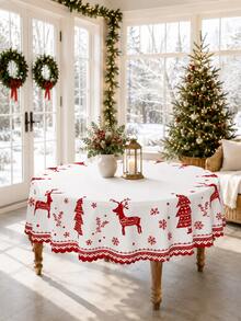 1pc-Nordic-Style Christmas Reindeer Print Tablecloth, With A Red Reindeer, Pine Tree, Snowflake, And Geometric Border Pattern; A Rustic Table Cover Suitable For Christmas Eve, Christmas Dinners, And Restaurant Table Decorations. - Multicolor - View 10