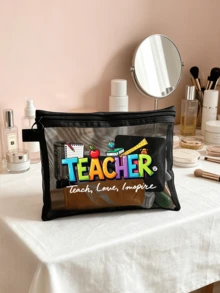 網格拉鍊收納袋，印有「Teach Love Inspire」字母圖案，教師收納袋，大容量便攜多功能收納盒，鉛筆盒與化妝品收納盒，教師感謝禮物，教育工作者感謝禮物，學校辦公旅行假期生日禮物 - 彩色 - 查看 6