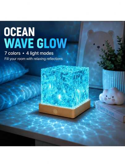 Lámpara inteligente de proyección de ondas de agua Aurora de 7 colores, efectos de luz multicolor giratorios, cubo de cristal con cambio de color táctil, luz de ambiente para decoración de dormitorio, mesita de noche y escritorio, adorno de iluminación romántica para habitación y dormitorio, alimentada por USB