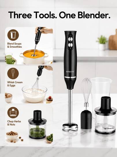 SOKANY Ensemble de mixeur à main 4-en-1, comprend un mixeur plongeant multifonction, un fouet, un hachoir et une tasse à mesurer, convient pour la préparation des aliments et le mixage des aliments pour bébé