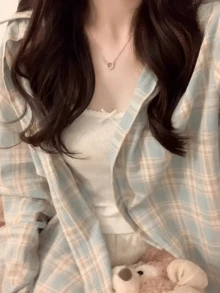 Áo sơ mi nữ tay dài cài cúc cổ bẻ họa tiết kẻ caro, chất liệu polyester, phong cách thường ngày cho mùa xuân/thu - Xanh nhạt - Xem 3