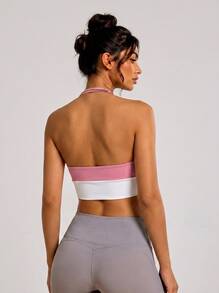 Never me Bra olahraga wanita model halter neck dengan kombinasi warna, kerah U, bantalan payudara yang dapat dilepas, penyangga sedang, rompi olahraga pendek untuk fitness dan yoga. - Berwarna merah muda - View 3