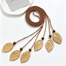 Boho Woven Rope Waist Belt, Golden Leaf Pendant Bead Tassel Tie‑Up Sash, Vintage Braided Cord Waist Chain For Dress Outfit - Waist Rope - View 1