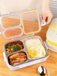 Kotak Bekal Bento 3 Kompartemen, Wadah Makanan Anti Bocor, Tersedia dalam Bahan Stainless Steel 304 dan PP, Kotak Bekal Portabel dengan Sekat, Cocok untuk Sekolah, Kantor, dan Perjalanan, Kotak Penyimpanan Makanan yang Dapat Digunakan Kembali dengan Tutup Transparan yang Tersegel - MultiWarna - View 2