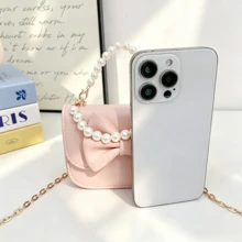 Girls Mini PU Crossbody Bag, Bowknot Pearl Decor Handbag, Detachable Pearl Top Handle And Metal Chain Shoulder Strap - A - View 3
