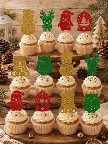 12pcs/24pcs Christmas Cake Toppers, Gold Glitter Cupcake Picks With Wooden Toothpicks And Glue Dots, Christmas Holiday Party Baking Decoration - Style a - View 5