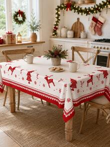 1pc-Nordic-Style Christmas Reindeer Print Tablecloth, With A Red Reindeer, Pine Tree, Snowflake, And Geometric Border Pattern; A Rustic Table Cover Suitable For Christmas Eve, Christmas Dinners, And Restaurant Table Decorations. - Multicolor - View 4