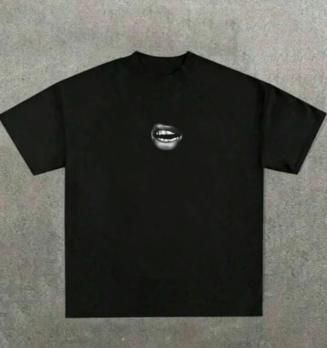 Casual, Soft T-Shirt With A Fun Barbecue Lip Pattern And Heat Transfer Print. - 黑色2 - 查看 1