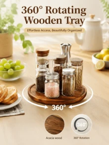 1PC Round Rotatable Acacia Wood Tray, 360‑Degree Rotatable Wooden Tray,Kitchen Spice Rack, Trays, Kitchen Accessories, Wooden Trays,Kitchen Storage, Kitchen Decoration, Rotating Tray,Round Multi‑Functional Tray,Kitchen Halloween Christmas Storage - Yellow - View 3