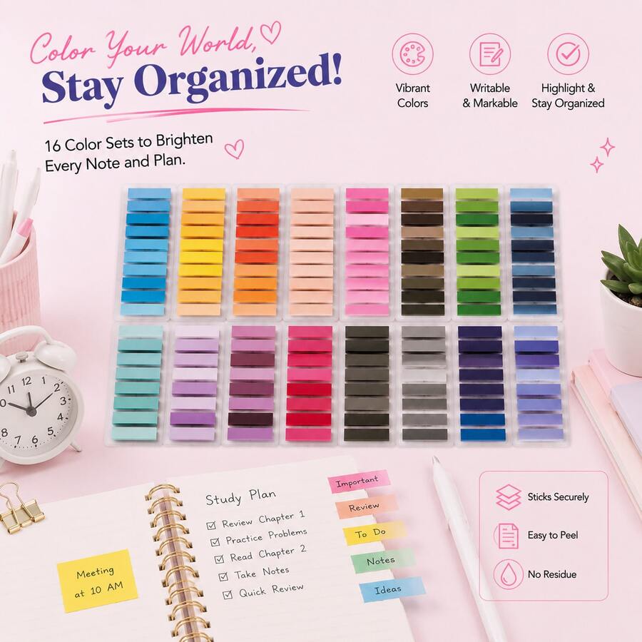 10 Colors PET Sticky Tabs, 200 Writable Transparent Index Tabs, Waterproof Removable Page Markers For Books, Study Notes, Planner & Office,Back To School Season - one-size - View 1