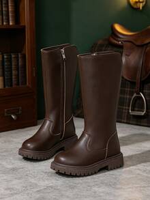 1 Pair Girls' Tall Riding Boots, Solid Color Soft PU Material, Round ...