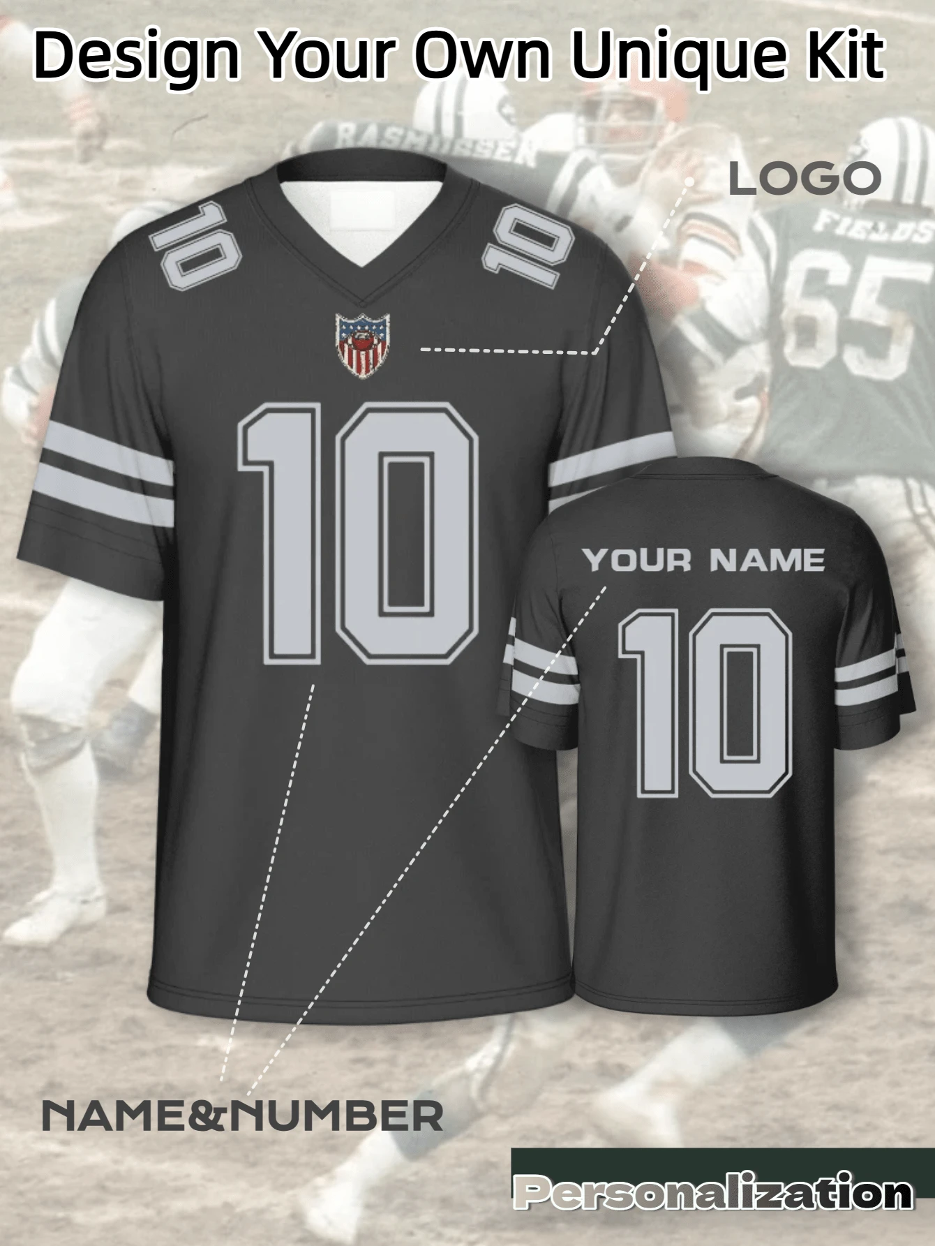 Custom Vintage American Football Jersey, Classic V-Neck Contrast Striped Design, Supports Customizable Back Name, Number And Front Logo, 2026 Football, Soft And Comfortable Fabric, Men's Custom Training Sports Wear - Grey - View 1
