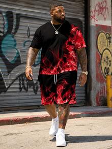 Ombre Blue Flame Print Plus Size Short Sleeve Set | 3D Graphic Round Neck Top | Stretchy Breathable Polyester | Casual Sporty Style | Plus Size Loose Fit | Suitable For Daily & Party Wear - Red - View 1