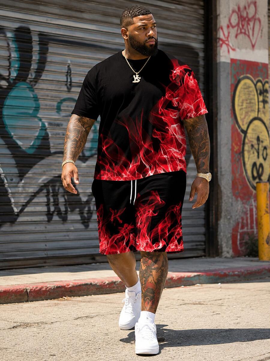Ombre Blue Flame Print Plus Size Short Sleeve Set | 3D Graphic Round Neck Top | Stretchy Breathable Polyester | Casual Sporty Style | Plus Size Loose Fit | Suitable For Daily & Party Wear - Red - View 1