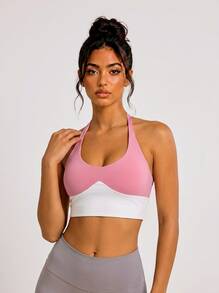 Never me Bra olahraga wanita model halter neck dengan kombinasi warna, kerah U, bantalan payudara yang dapat dilepas, penyangga sedang, rompi olahraga pendek untuk fitness dan yoga. - Berwarna merah muda - View 4