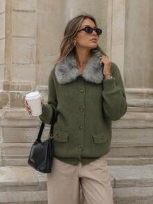 New Autumn/Winter Women's Casual Minimalist Contrast Color Faux Fur Collar Knit Cardigan Jacket - Green - View 1