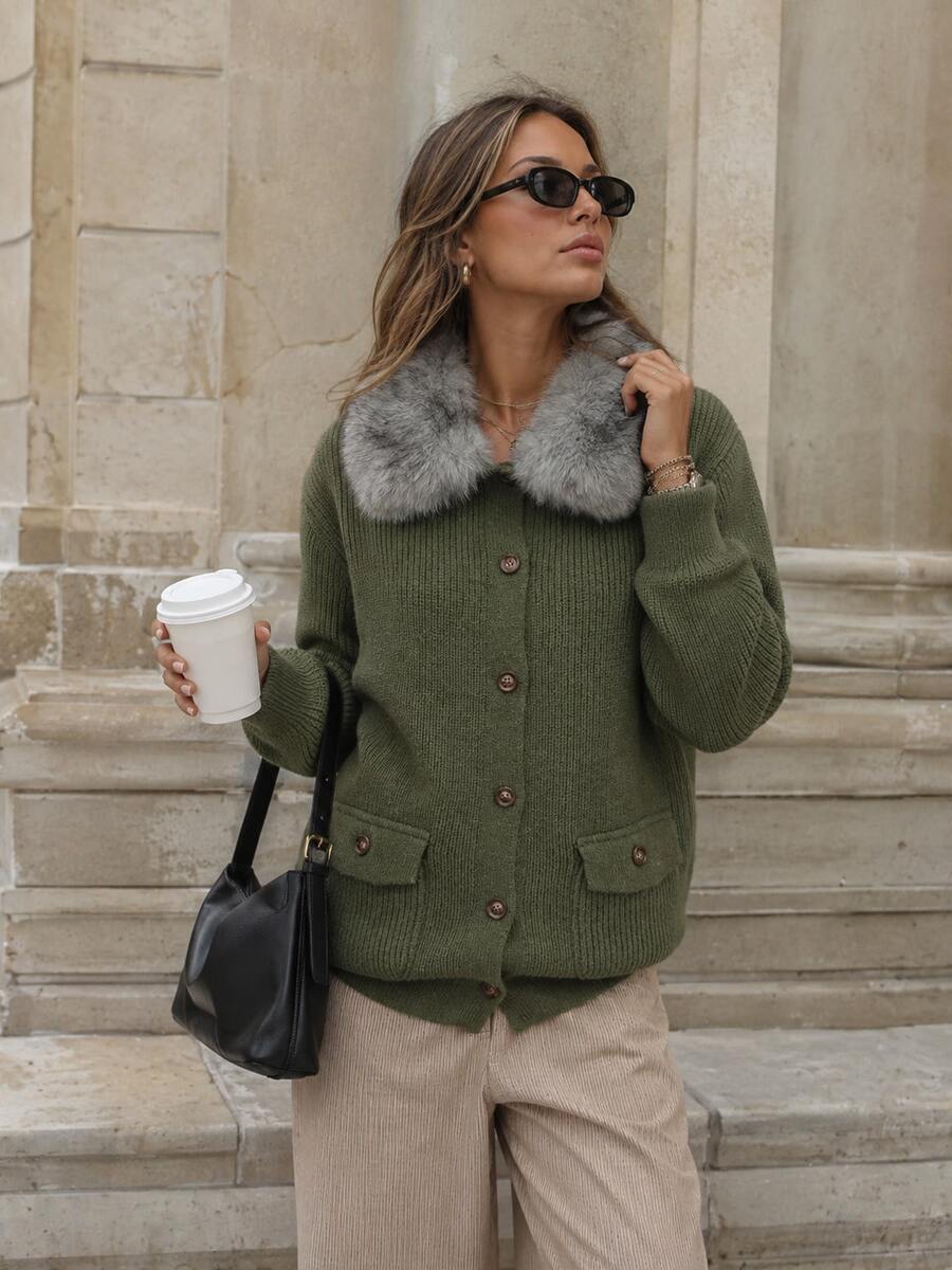 New Autumn/Winter Women's Casual Minimalist Contrast Color Faux Fur Collar Knit Cardigan Jacket - Green - View 1