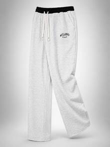 Women's Colorblock Elastic Waist Drawstring Loose Wide Leg Sweatpants Milano Letter Print Casual Streetwear Long Pants With Pockets - Grey - View 5