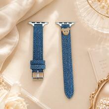 1pc Cute Bear Pendant Denim Watch Band, Adjustable Fabric Replacement Strap With Metal Buckle, Suitable For Apple Watch, Casual Daily Accessory For Women And Girls - Royal Blue - View 6