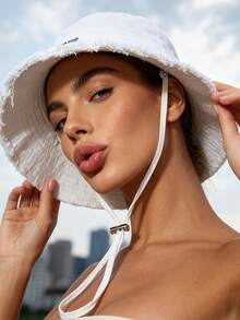 1pc Women's Summer Bucket Hat, Same Style As Xuan Ya, Washed Frayed Edge, Wide Brim Sun Hat, Simple Versatile Vacation Style UV Protection Hat - A - View 9