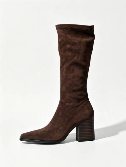2026 Early Autumn New Style Tall Boots With Side Zipper, French Slimming Vintage British Style Pointed Toe Suede High Heel Long Boots For Women