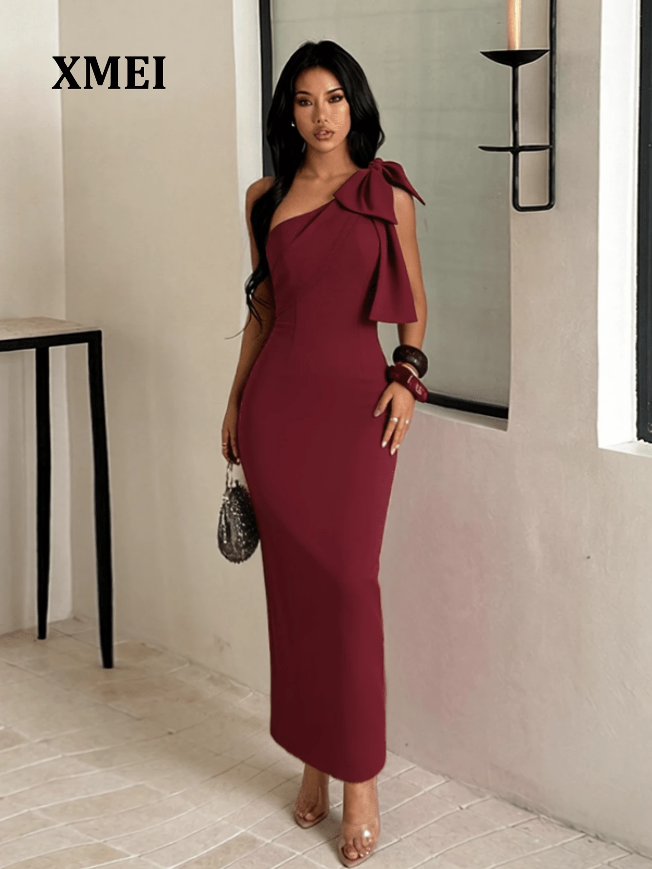 Burgundy One-Shoulder Fitted Dress Elegant - Burgundy - View 1