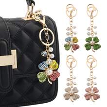 1pc Lucky Four Leaf Clover Bag Charm Keychain - Full Rhinestone Pearl Wallet Shoulder Bag Charm - Women's Holiday Gift - Multicolor - View 3