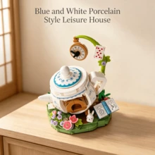 1 Set Blue And White Porcelain Style Teapot House Building Block Toy, Alice In Wonderland White Rabbit Clock Playing Cards Creative Small Particle Assembly Model, Handmade DIY Desktop Ornament, Girly Birthday Holiday Gift Home Decor - Multicolor - View 9