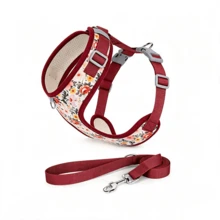 Dog Harness And Leash Set, Floral Pattern Double-Layer Breathable Mesh Vest Harness, Adjustable Soft And Durable Pet Walking Harness And Leash Set, Suitable For Small And Medium Dogs - Red - View 11
