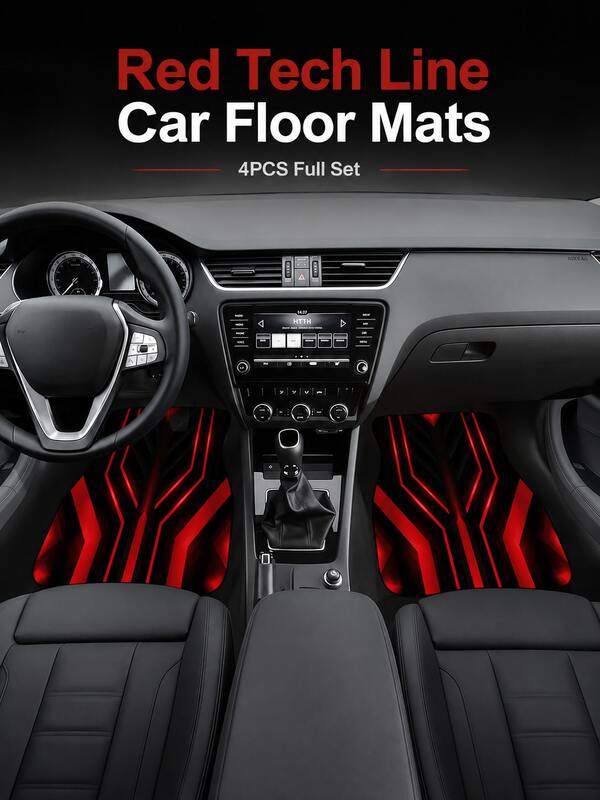 This 4-Piece Car Floor Mat Set Features A Futuristic Red Geometric Design That Complements Vehicle Interiors, Creating A Dynamic, Fluid Visual Effect While Providing A Perfect Fit For Comprehensive Floor Protection.