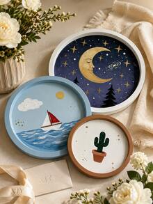 Round Silicone Tray Mold, DIY Star Moon, Sailboat Sea, Cactus Pattern Storage Board Mold, Flexible Easy Release, DIY Resin Plaster Decorative Tray, Home Desktop Decor Craft Mold - Round Silicone Mold - View 1