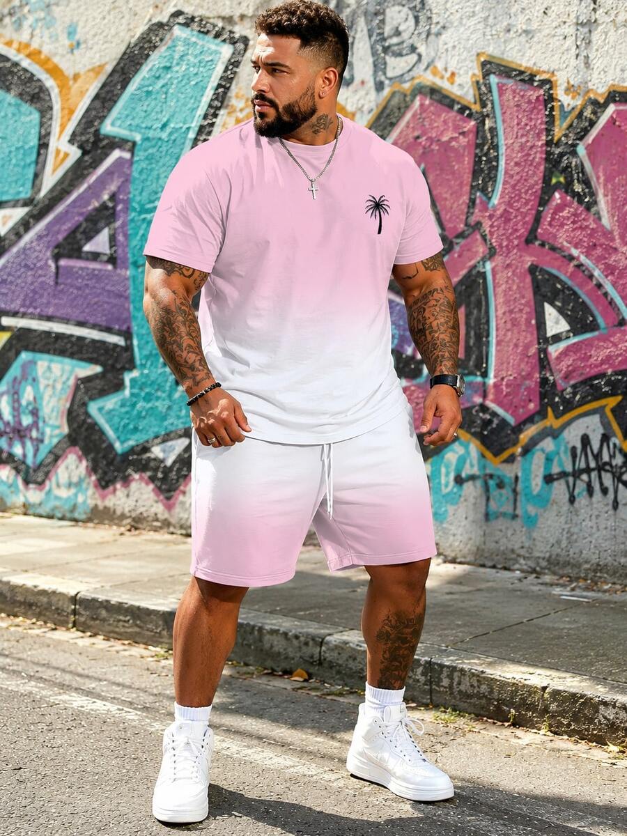Men's Minimalist Vacation Style "Ombre Palm Tree" Pattern Sports Set - Polyester Knit Fabric, Round Neck Design, Drawstring Shorts, Pocket Details, Regular Fit, Suitable For Plus Size - White - View 1