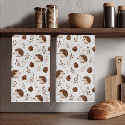 2pcs Autumn Brown Hedgehog Plant Pine Cone Pattern Kitchen Towels, 40*60cm Soft Microfiber Material Tea Towels, Suitable For Home Kitchen Restaurant Outdoor Camping Tabletop Cleaning Dish Cloth Hand Towel Accessories, Autumn Forest Style Kitchen Decor Fabric Wiping Towels, Holiday Gift