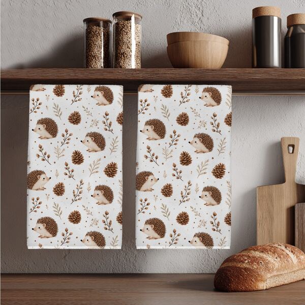 2pcs Autumn Brown Hedgehog Plant Pine Cone Pattern Kitchen Towels, 40*60cm Soft Microfiber Material Tea Towels, Suitable For Home Kitchen Restaurant Outdoor Camping Tabletop Cleaning Dish Cloth Hand Towel Accessories, Autumn Forest Style Kitchen Decor Fabric Wiping Towels, Holiday Gift