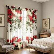 2pcs Elegant Red & White Rose Floral Print Curtains - Rod Pocket Design For Living Room, Bedroom,Wedding, Kitchen & Office Decor, Bohemian Style, Polyester Fabric(Rod Not Included),Good Transparency, 2D Flat Printing,90gsm - Multicolor - View 8