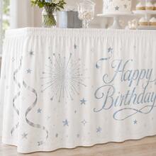 Light Blue Happy Birthday Table Skirt, Printed With Stars And Fireworks Pattern, Polyester Party Tablecloth, Suitable For Baby Birthday, Baby Celebration, Dessert Table Decoration And Home Party Supplies - A - View 6