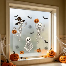 1/3/5pcs Cute Dancing Skeleton Static Window Clings, Pumpkin Bat Spider Web Halloween Window Decals, Reusable Non-Adhesive Glass Stickers For Home Halloween Party Decor Gift - Multicolor - View 6