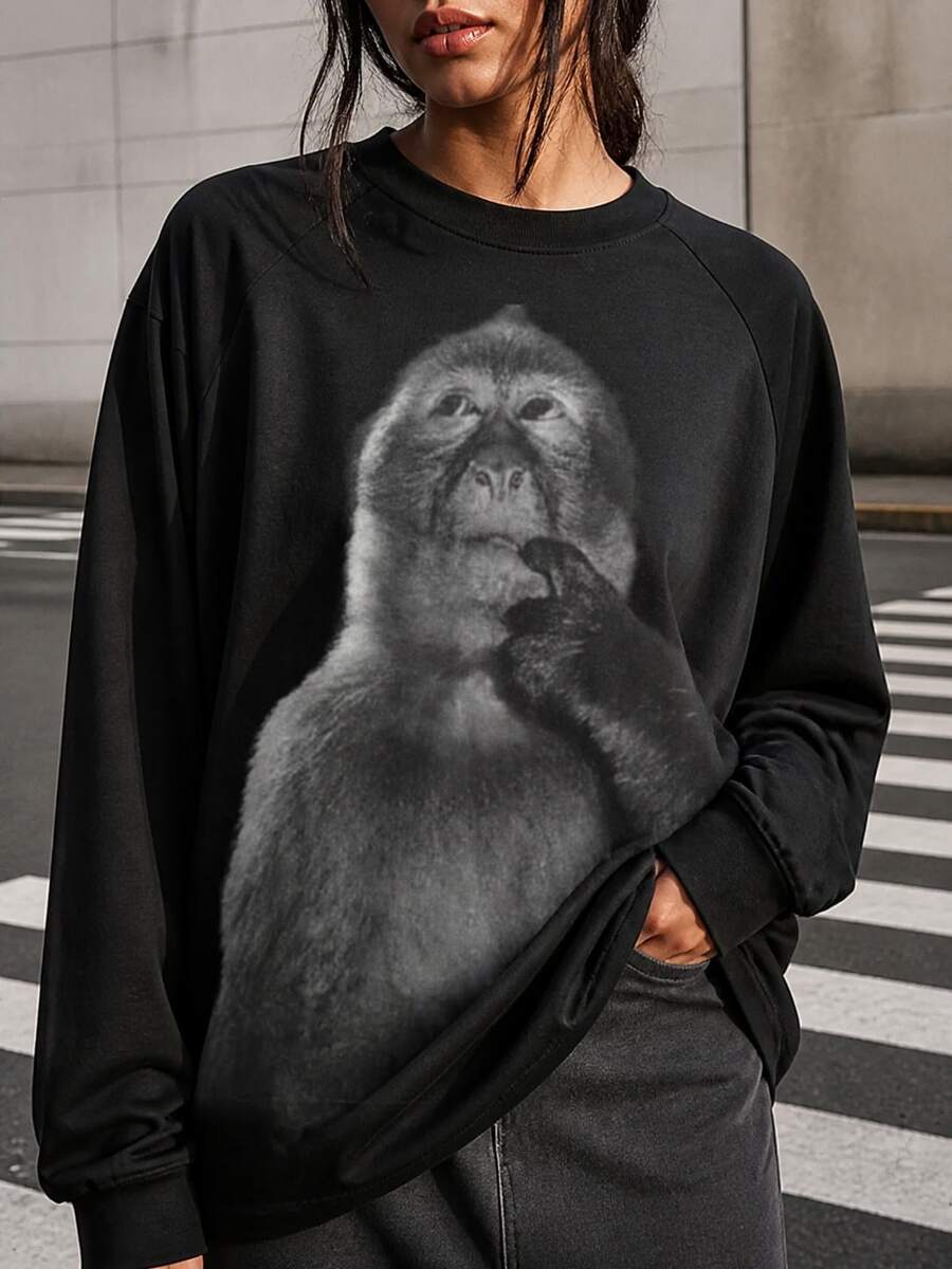 Funny Monkey Shirt, Stupid Meme Tshirt, Dank Memes Tee, 90s Vintage Bootleg, Odd Core Cruise Outfit For Women New Years Eve Outfit Women - 黑色長袖款 - 查看 1