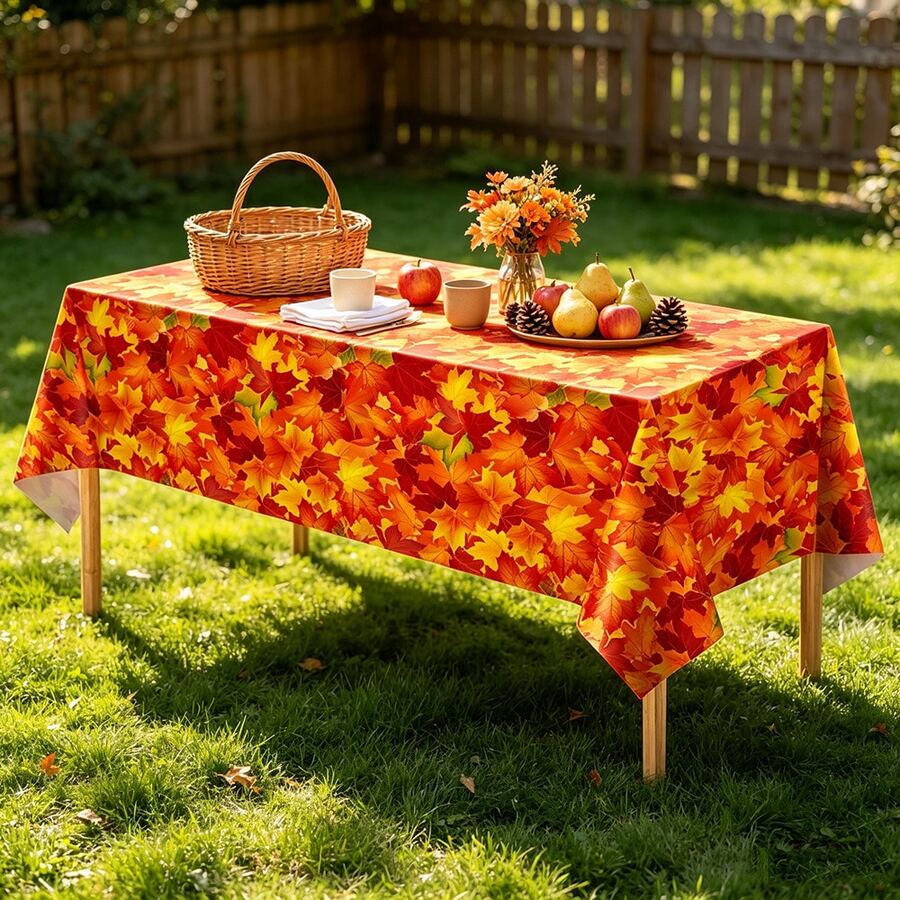 1/3pcs Red Maple Leaf Tablecloth, Thanksgiving Party Disposable Plastic Tablecloth, Birthday Anniversary Celebration Thanksgiving Theme Party Decoration Supplies 137x274cm - Multicolor - View 1
