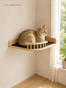 1PC Wall-Mounted Cat Shelf And Cat Wall Perch, Solid Wood Corner Jumping Platform With Anti-Slip Pad And Wooden Railing, Space-Saving Cat Wall Furniture For Indoor Cats To Climb, Jump, Rest And Sleep - Beige - View 2