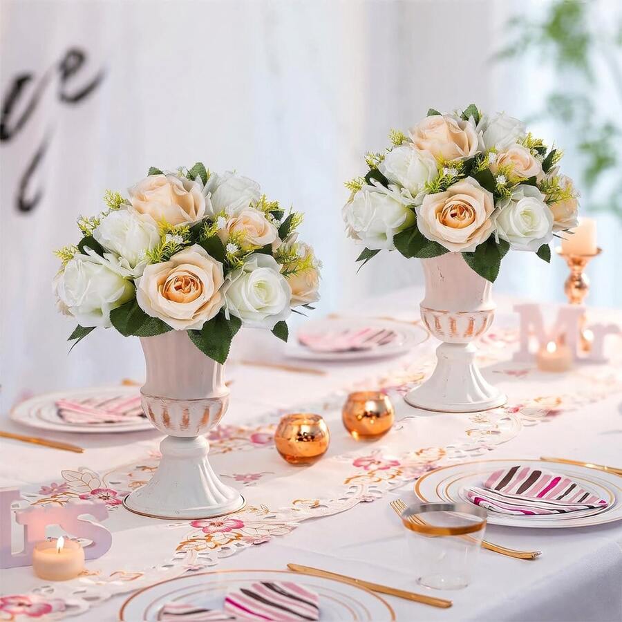 2Pcs Faux Rose Balls - Boho Table Centerpieces, Pink-White/White/Champagne Fake Flower Decor For Wedding/Birthday/ Dining Table,Home Decor & Party, Reusable Low-Maintenance Floral Balls