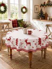 1pc-Nordic-Style Christmas Reindeer Print Tablecloth, With A Red Reindeer, Pine Tree, Snowflake, And Geometric Border Pattern; A Rustic Table Cover Suitable For Christmas Eve, Christmas Dinners, And Restaurant Table Decorations. - Multicolor - View 6